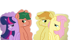 Size: 1792x1000 | Tagged: safe, artist:thesmall-artist, character:braeburn, character:fluttershy, character:timber spruce, character:twilight sparkle, species:pony, ship:braeshy, ship:timbertwi, my little pony:equestria girls, back to back, equestria girls ponified, female, male, ponified, shipping, straight