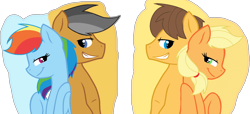 Size: 1704x776 | Tagged: safe, artist:thesmall-artist, character:applejack, character:caramel, character:quibble pants, character:rainbow dash, species:pony, ship:carajack, ship:quibbledash, back to back, female, male, shipping, straight