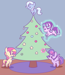 Size: 1375x1584 | Tagged: safe, artist:typhwosion, character:starlight glimmer, character:sunset shimmer, character:trixie, character:twilight sparkle, character:twilight sparkle (alicorn), species:alicorn, species:pony, species:unicorn, bipedal, bipedal leaning, chibi, christmas, christmas tree, counterparts, cute, decorating, diatrixes, female, glimmerbetes, glowing horn, holiday, leaning, levitation, magic, mare, shimmerbetes, spread wings, telekinesis, tree, twiabetes, twilight's counterparts, wings