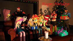 Size: 1920x1080 | Tagged: safe, artist:razethebeast, character:apple bloom, character:applejack, character:dean cadance, character:princess cadance, character:sunset shimmer, my little pony:equestria girls, 3d, christmas, christmas tree, cookie, couch, food, happy holidays, heavy weapons guy, holiday, milk, present, scout, source filmmaker, team fortress 2, tree