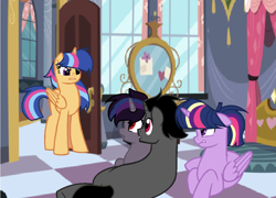Size: 1216x876 | Tagged: safe, artist:thesmall-artist, character:king sombra, character:twilight sparkle, character:twilight sparkle (alicorn), oc, oc:magic shield, oc:supernova swirl, parent:flash sentry, parent:king sombra, parent:twilight sparkle, parents:flashlight, parents:twibra, species:alicorn, species:pony, female, mare, offspring, prone
