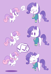 Size: 1244x1788 | Tagged: safe, artist:typhwosion, character:rarity, character:sweetie belle, species:pony, species:unicorn, >.<, chibi, comic, cute, diasweetes, duo, eyes closed, female, filly, mare, music notes, pictogram, ponytones outfit, purple background, raised hoof, simple background, singing, smiling, sweat, sweatdrop