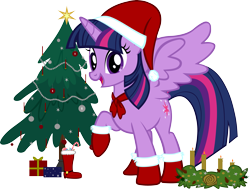 Size: 4821x3647 | Tagged: safe, artist:ironm17, character:twilight sparkle, character:twilight sparkle (alicorn), species:alicorn, species:pony, advent wreath, christmas, christmas tree, clothing, female, happy, hat, holiday, looking at you, present, santa boots, santa hat, simple background, solo, transparent background, tree, vector