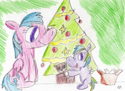 Size: 751x549 | Tagged: safe, artist:ptitemouette, character:firefly, oc, oc:speed flash, parent:firefly, parent:rainbow dash, parents:dashfly, christmas, christmas tree, holiday, offspring, teddy bear, tree