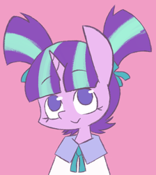 Size: 984x1098 | Tagged: safe, artist:typhwosion, character:starlight glimmer, species:pony, species:unicorn, :>, bow, bust, clothing, cute, female, filly, filly starlight glimmer, glimmerbetes, no pupils, pigtails, pink background, portrait, ribbon, simple background, smiling, solo, younger