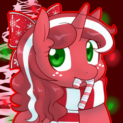 Size: 500x500 | Tagged: safe, artist:redintravenous, oc, oc only, oc:red ribbon, bow, candy cane, christmas, christmas tree, clothing, scarf, tree