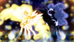 Size: 1600x900 | Tagged: safe, artist:90sigma, artist:limedazzle, artist:sailortrekkie92, edit, character:daybreaker, character:nightmare moon, character:princess celestia, character:princess luna, species:alicorn, species:pony, episode:a royal problem, g4, my little pony: friendship is magic, blurred background, evil, eyes closed, female, laughing, royal sisters, sisters, vector, wallpaper, wallpaper edit