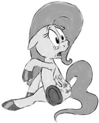 Size: 900x1114 | Tagged: safe, artist:colossalstinker, character:fluttershy, female, floppy ears, folded wings, looking away, monochrome, oldschool cartoon, open mouth, raised hoof, simple background, sitting, solo, white background, wide eyes