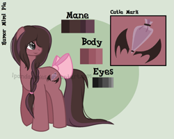Size: 1443x1153 | Tagged: safe, artist:ipandacakes, oc, oc only, oc:humor mimi pie, parent:cheese sandwich, parent:pinkie pie, parents:cheesepie, species:earth pony, species:pony, bow, female, mare, offspring, reference sheet, solo, tail bow