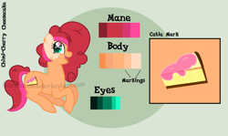 Size: 1834x1094 | Tagged: safe, artist:ipandacakes, oc, oc only, oc:chimi cherry cheesecake, parent:cheese sandwich, parent:pinkie pie, parents:cheesepie, species:earth pony, species:pony, female, mare, offspring, reference sheet, solo