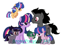 Size: 1584x1192 | Tagged: safe, artist:thesmall-artist, character:king sombra, character:twilight sparkle, character:twilight sparkle (alicorn), oc, oc:magic shield, oc:star shield, oc:star tree, oc:supernova swirl, parent:flash sentry, parent:king sombra, parent:sci-twi, parent:timber spruce, parent:twilight sparkle, parents:flashlight, parents:timbertwi, parents:twibra, species:alicorn, species:pegasus, species:pony, species:unicorn, baby, baby pony, colt, female, filly, male, offspring, simple background, transparent background