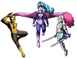 Size: 1200x900 | Tagged: safe, artist:faith-wolff, character:pinkie pie, character:sonata dusk, species:human, fanfic:the bridge, clothing, cosplay, costume, deadpool, humanized, megalon, pinkiepool, simple background, spider-man, story in the source, superman, transparent background