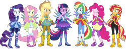 Size: 9000x3486 | Tagged: safe, alternate version, artist:limedazzle, character:applejack, character:fluttershy, character:pinkie pie, character:rainbow dash, character:rarity, character:sunset shimmer, character:twilight sparkle, character:twilight sparkle (alicorn), species:alicorn, species:pony, equestria girls:legend of everfree, g4, my little pony: equestria girls, my little pony:equestria girls, absurd resolution, clothing, crystal guardian, holding hands, humane five, humane seven, humane six, ponied up, simple background, smiling, transparent background, visor
