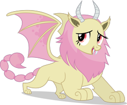 Size: 1916x1590 | Tagged: safe, artist:punzil504, character:flutterbat, character:fluttershy, cowardly lion, fangs, female, horns, manticore, red eyes, simple background, solo, species swap, the wizard of oz, transparent background, vector