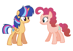Size: 1192x832 | Tagged: safe, artist:thesmall-artist, character:pinkie pie, oc, oc only, oc:candy pie, oc:magic shield, parent:cheese sandwich, parent:flash sentry, parent:pinkie pie, parent:twilight sparkle, parents:cheesepie, parents:flashlight, species:alicorn, species:earth pony, species:pony, duo, female, mare, next generation, offspring, simple background, transparent background