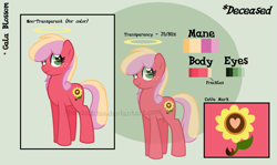 Size: 1921x1148 | Tagged: safe, artist:faith-wolff, artist:ipandacakes, base used, oc, oc only, oc:gala blossom, parent:big macintosh, parent:cheerilee, parents:cheerimac, species:earth pony, species:pony, female, ghost, halo, mare, offspring, reference sheet, solo