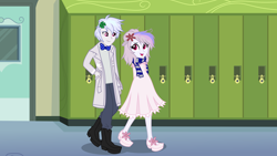 Size: 9000x5063 | Tagged: safe, artist:limedazzle, oc, oc only, my little pony:equestria girls, absurd resolution, canterlot high, clothing, commission, equestria girls-ified, flower, flower in hair, hallway, lockers, pants