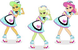 Size: 8254x5326 | Tagged: safe, artist:punzil504, character:apple rose, character:goldie delicious, character:granny smith, episode:coinky-dink world, eqg summertime shorts, g4, my little pony: equestria girls, my little pony:equestria girls, absurd resolution, carhop, clothing, dancing, equestria girls-ified, freckles, rollerblades, simple background, transparent background, waitress, young goldie delicious, young granny smith, younger