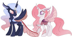 Size: 1732x905 | Tagged: safe, artist:ipandacakes, oc, oc only, oc:cycnia roselight, oc:diaphora moonglow, parent:pharynx, parent:princess celestia, parent:princess luna, parent:thorax, parents:lunarynx, parents:thoralestia, species:changeling, species:changepony, species:reformed changeling, female, hybrid, offspring, simple background, transparent background