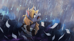 Size: 1920x1080 | Tagged: safe, artist:hierozaki, oc, oc only, oc:paperdrop, species:pony, clothing, crying, male, open mouth, paper, rain, sad, scarf, solo, stallion