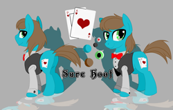 Size: 2650x1700 | Tagged: safe, artist:elmutanto, oc, oc only, oc:sure hoof, species:earth pony, species:pony, bow tie, clothing, earth pony oc, male, playing card, reference sheet, shadow, story included, suit