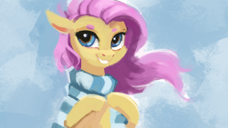 Size: 1920x1080 | Tagged: safe, artist:hierozaki, character:fluttershy, species:pegasus, species:pony, bust, clothing, cute, eyebrows, female, hooves together, looking at you, portrait, scarf, smiling, solo, windswept mane