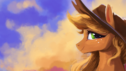 Size: 1920x1080 | Tagged: safe, artist:hierozaki, character:applejack, species:earth pony, species:pony, clothing, cowboy hat, cute, female, freckles, hat, looking at you, mare, smiling, solo, stetson