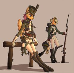 Size: 1500x1476 | Tagged: safe, artist:madhotaru, character:applejack, character:scootaloo, species:anthro, species:earth pony, species:pegasus, species:pony, species:unguligrade anthro, bayonet, boots, clothing, empire period, featured on derpibooru, female, fence, flintlock, gloves, gun, handgun, hat, leaning, mare, military uniform, musket, napoleonic wars, older, older scootaloo, pistol, rifle, russian, sexy, shoes, simple background, soldier, uniform, weapon