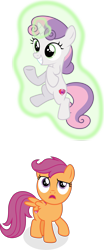 Size: 4782x11465 | Tagged: safe, artist:lahirien, artist:punzil504, artist:thatguy1945, character:scootaloo, character:sweetie belle, species:pegasus, species:pony, species:unicorn, absurd resolution, female, filly, glowing horn, levitation, magic, open mouth, raised hoof, scootaloo can't fly, scootaloo is not amused, self-levitation, simple background, sweetie belle's magic brings a great big smile, telekinesis, the cmc's cutie marks, transparent background, unamused, underhoof, you gotta be kidding me