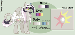 Size: 1895x883 | Tagged: safe, artist:ipandacakes, oc, oc only, oc:topsy turvy, parent:discord, parent:princess celestia, parents:dislestia, female, hybrid, interspecies offspring, offspring, reference sheet, solo