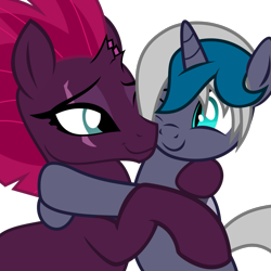 Size: 1055x1055 | Tagged: safe, artist:dtkraus, character:fizzlepop berrytwist, character:tempest shadow, oc, oc:elizabat stormfeather, species:alicorn, species:bat pony, species:pony, species:unicorn, derpibooru, my little pony: the movie (2017), .svg available, bat pony alicorn, broken horn, canon x oc, derpibooru badge, eye scar, female, hug, lesbian, mare, meta, one eye closed, scar, shipping, show accurate, simple background, stormshadow, svg, transparent background, vector