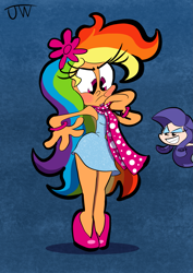 Size: 1447x2046 | Tagged: safe, artist:joeywaggoner, character:rainbow dash, character:rarity, species:human, and then there's rarity, annoyed, blushing, clothing, cute, dashabetes, dress, high heels, humanized, rainbow dash always dresses in style, scarf, shoes, skirt, tomboy taming