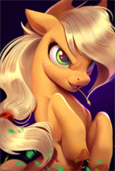 Size: 1298x1934 | Tagged: safe, artist:imalou, character:applejack, species:earth pony, species:pony, badass, clothing, cowboy hat, female, freckles, frown, hat, haystick, mare, open mouth, rearing, smiling, solo, stetson