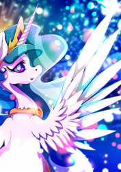 Size: 1358x1920 | Tagged: safe, artist:rariedash, character:princess celestia, species:alicorn, species:pony, 2018, female, happy new year 2018, mare, solo, spread wings, wings