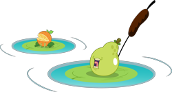 Size: 2728x1464 | Tagged: safe, artist:punzil504, biting pear of salamanca, cattails, food, fruit, lily pad, meme, orange frog, pear, simple background, transparent background, vector, wat, water