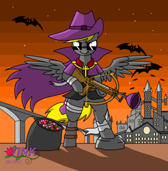 Size: 944x958 | Tagged: safe, artist:pencil bolt, oc, oc:pencil bolt, species:pony, character to character, crossover, halloween, holiday, theponyfuture, vampire hunter