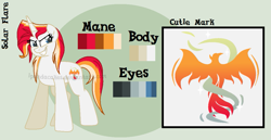 Size: 1079x558 | Tagged: safe, artist:ipandacakes, oc, oc only, oc:solar flare, parent:fire streak, parent:sunset shimmer, parents:sunsetstreak, species:pony, species:unicorn, female, mare, offspring, reference sheet, solo