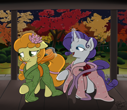 Size: 1500x1300 | Tagged: safe, artist:theparagon, character:carrot top, character:golden harvest, character:rarity, species:earth pony, species:pony, species:unicorn, ship:carrity, alternate hairstyle, bedroom eyes, blushing, clothing, cute, dress, featured on derpibooru, female, floppy ears, flower, flower in hair, friendshipping, kimono (clothing), lesbian, levitation, magic, open mouth, raised hoof, sexy, shipping, smiling, telekinesis
