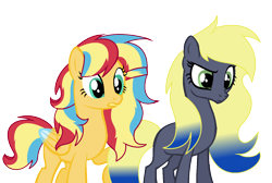 Size: 1360x912 | Tagged: safe, artist:thesmall-artist, base used, oc, oc only, oc:apple moon, oc:rainbow sun, parent:applejack, parent:princess luna, parent:rainbow dash, parent:sunset shimmer, parents:lunajack, parents:sunsetdash, species:earth pony, species:pegasus, species:pony, female, magical lesbian spawn, mare, offspring, simple background, transparent background