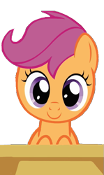 Size: 363x608 | Tagged: safe, artist:kuren247, character:scootaloo, species:pegasus, species:pony, c:, cute, cutealoo, desk, female, looking at you, simple background, smiling, solo, transparent background, vector