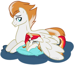Size: 895x783 | Tagged: safe, artist:ipandacakes, character:fire streak, oc, oc:solar flare, parent:fire streak, parent:sunset shimmer, parents:sunsetstreak, species:pegasus, species:pony, species:unicorn, crying, father and daughter, female, male, mare, offspring, prone, simple background, stallion, transparent background, wing blanket