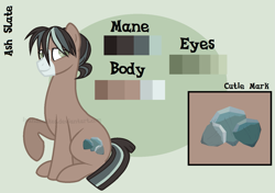 Size: 1353x950 | Tagged: safe, artist:ipandacakes, oc, oc only, oc:ash slate, parent:marble pie, parent:trouble shoes, parents:marbleshoes, species:earth pony, species:pony, male, offspring, reference sheet, sitting, solo, stallion