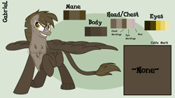 Size: 2147x1203 | Tagged: safe, artist:ipandacakes, oc, oc only, oc:gabriel, parent:dumbbell, parent:gilda, parents:gildabell, species:hippogriff, interspecies offspring, male, offspring, reference sheet, solo