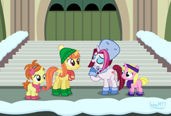 Size: 4035x2721 | Tagged: safe, artist:ironm17, character:cayenne, character:citrus blush, species:pony, species:unicorn, background pony, beanie, boots, clothing, earmuffs, hat, headband, indian summer, manehattan, maneway station, raspberry cream, scarf, shoes, snow, stairs, winter, winter outfit