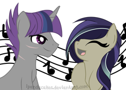 Size: 1024x732 | Tagged: safe, artist:ipandacakes, oc, oc only, oc:crescendo, oc:tessitura, parent:coloratura, parent:shadow lock, parent:songbird serenade, parent:twilight sparkle, parents:twilock, species:earth pony, species:pony, species:unicorn, my little pony: the movie (2017), female, magical lesbian spawn, male, mare, music notes, oc x oc, offspring, offspring shipping, shipping, simple background, stallion, straight, transparent background