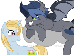 Size: 1024x760 | Tagged: safe, artist:ipandacakes, oc, oc only, oc:cloud shade, oc:pureblood, parent:prince blueblood, parent:trixie, parents:bluetrix, species:bat pony, species:pony, species:unicorn, blushing, cloud, gay, male, oc x oc, offspring, offspring shipping, shipping, simple background, stallion, transparent background