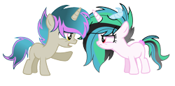 Size: 1480x728 | Tagged: safe, artist:thesmall-artist, base used, oc, oc only, oc:chaos, oc:sun illusion, parent:discord, parent:princess celestia, parents:dislestia, species:pony, colt, female, filly, horns, hybrid, interspecies offspring, male, offspring, simple background, transparent background