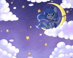 Size: 1280x1024 | Tagged: safe, artist:solar-slash, character:princess luna, cloud, cloudy, crescent moon, cute, dreamworks, female, fishing, fishing rod, hoof hold, lunabetes, night, open mouth, sitting, sky, smiling, solo, stars, tangible heavenly object
