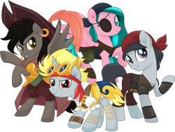 Size: 7500x5679 | Tagged: safe, artist:limedazzle, oc, oc only, species:earth pony, species:pegasus, species:pony, species:unicorn, absurd resolution, clothing, commission, eyepatch, hat, looking at you, movie accurate, pirate, pirate hat, simple background, transparent background