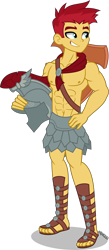 Size: 3000x6856 | Tagged: safe, artist:orin331, character:flash magnus, my little pony:equestria girls, abs, absurd resolution, armor, chest, equestria girls-ified, feet, helmet, legs, male, muscles, netitus, sandals, shield, simple background, smiling, smirk, solo, transparent background